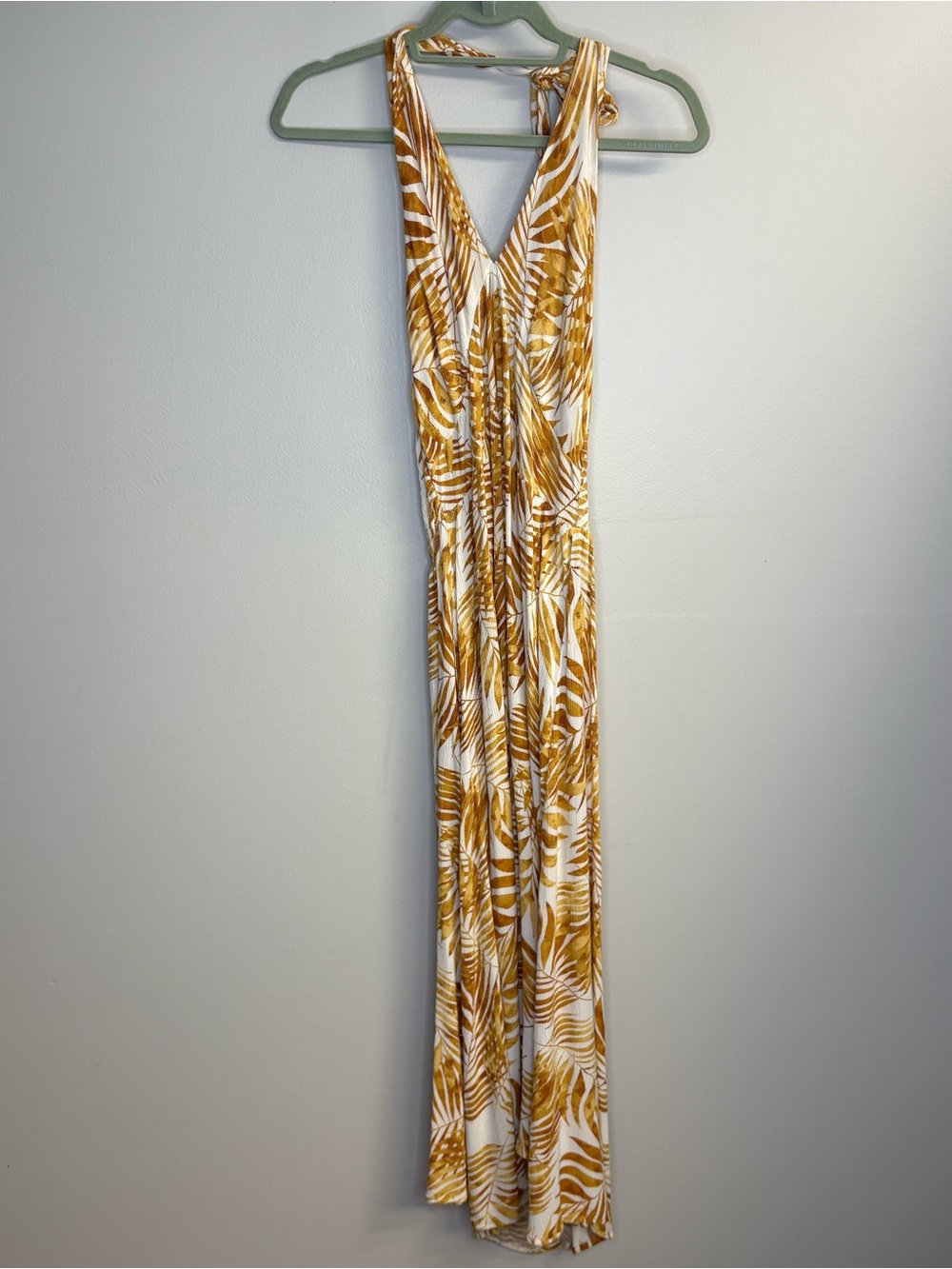 mahina White and Mustard Leaf-Print Sleeveless Maxi Dress